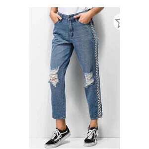 Empyre Eileen Mom Jeans With Racer Checker Sides Denim Blue Jeans Size 7